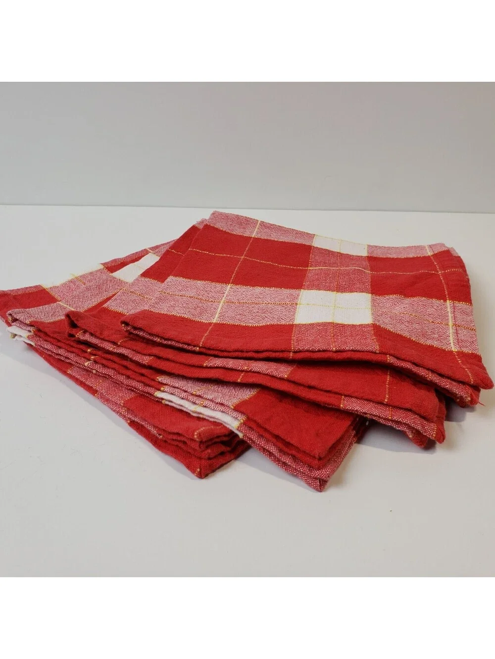 Set of 4 Napkins Cotton Blend Red Buffalo Checked  Yellow Ticking Stripe Picnic